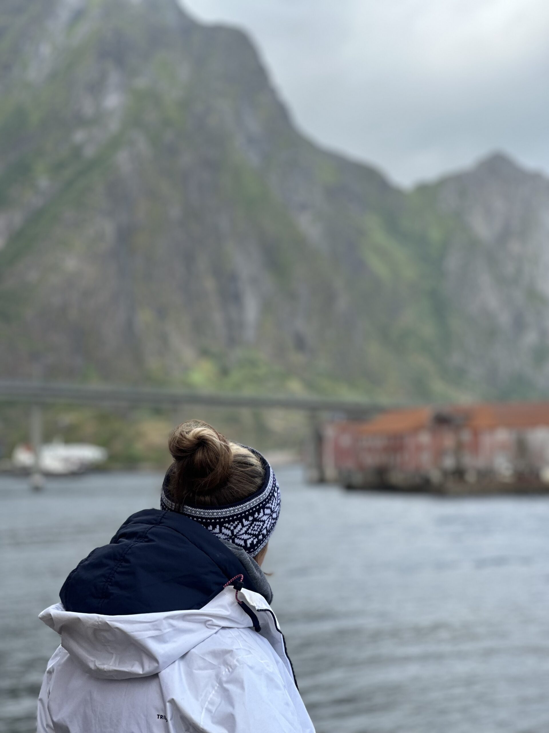 Calm fjord waters surrounded by Lofoten mountains at dusk