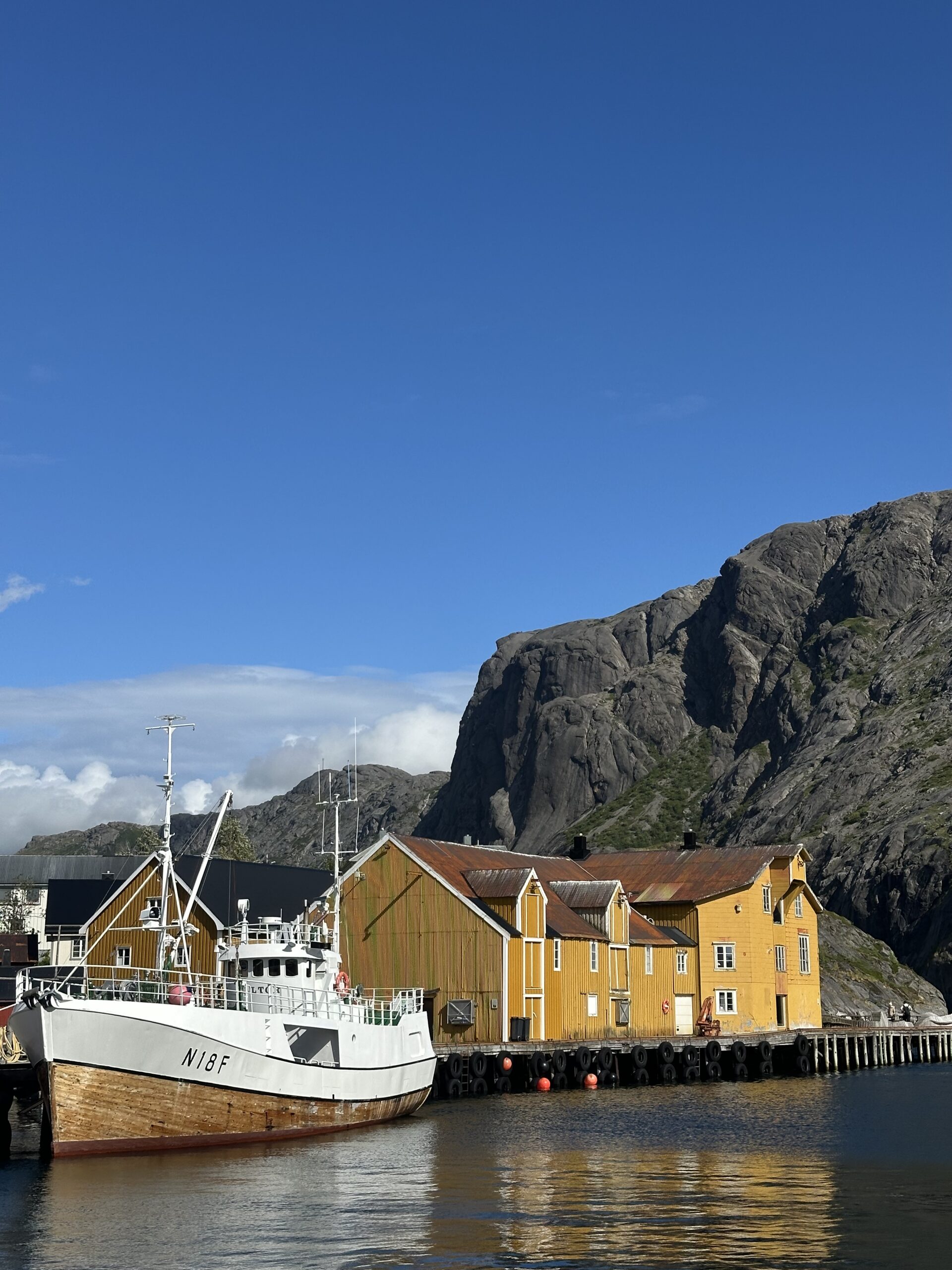 Dramatic mountain peaks rising from turquoise fjord waters in Lofoten