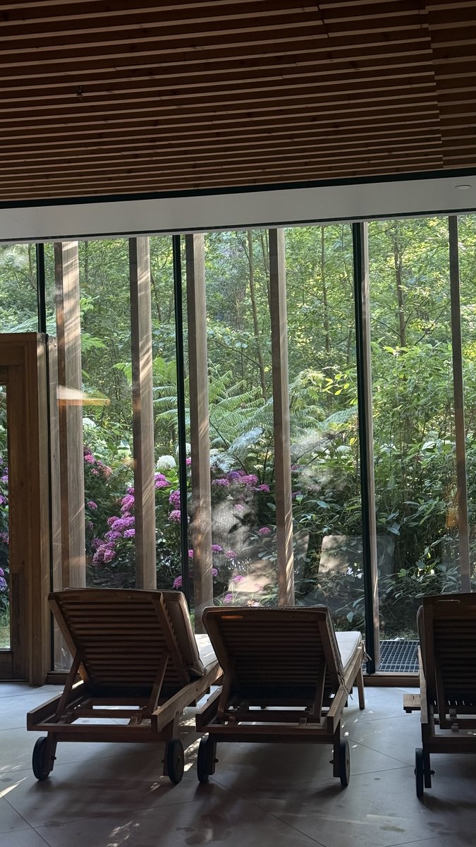 Relaxation loungers facing the forest at Foresta Wellness spa, Arima Hotel San Sebastián