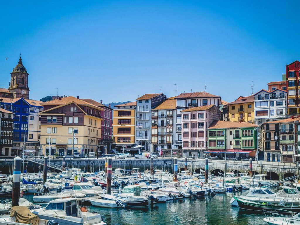 Bermeo harbour with colourful houses and boats in the Spanish Basque Country