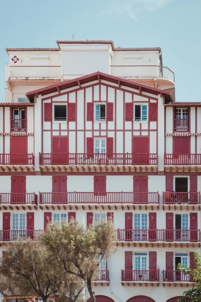 A red and white Basque-style building in Biarritz