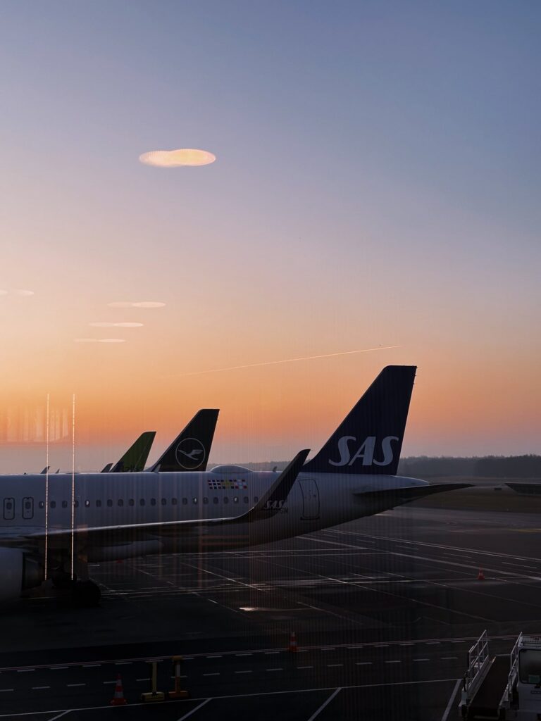 SAS aircraft tails at an airport at sunset